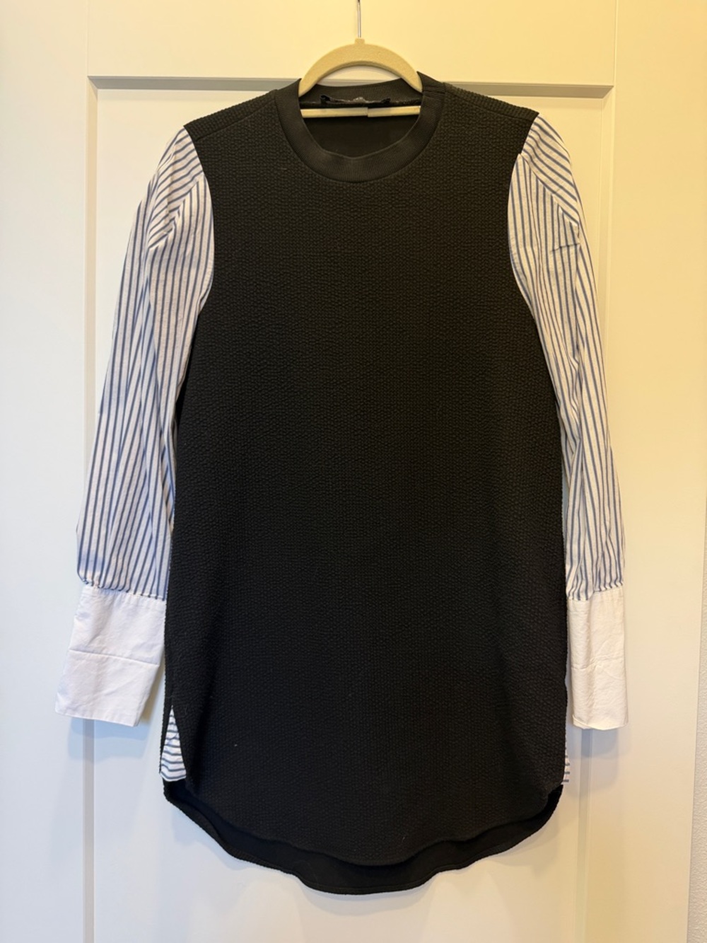 Zara Black Tunic with Blue-Striped Sleeves and White Cuffs
